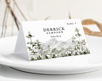 Mountain Wedding Place Cards with Meal Choice printed, place cards with names, forest wedding place cards, outdoor wedding, PC119