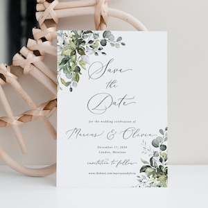 Eucalyptus Save the Dates Printed, With Envelopes, greenery save the date, outdoor save the dates, boho save the dates, elegant, S107