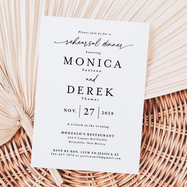 Printed Rehearsal Dinner Invitation, simple rehearsal dinner invitation, black and white invitation, wedding rehearsal dinner, printed, R111