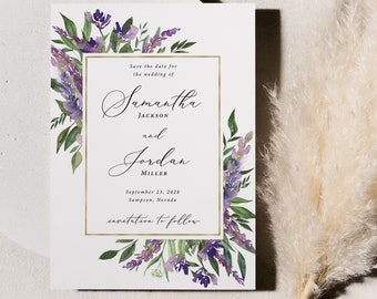 Purple and Gold Save the Dates Printed, With Envelopes, lavender save the date, violet save the date, purple wedding, purple and gold, S111