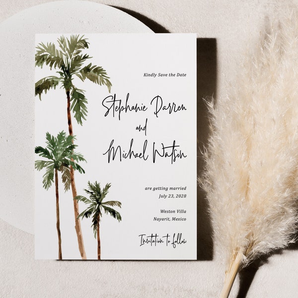 Palm Tree Save the Date Card printed, with envelopes, Hawaii save the date, Mexico save the date, tropical save the date, palm leaf, S104