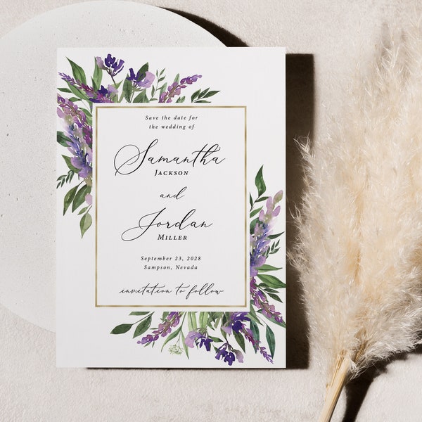 Purple and Gold Save the Dates Printed, With Envelopes, lavender save the date, violet save the date, purple wedding, purple and gold, S111