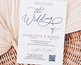 Rose Gold and Navy QR Wedding Invitation printed, with envelopes, invitation only, romantic calligraphy, QR code, rose gold and navy, W136