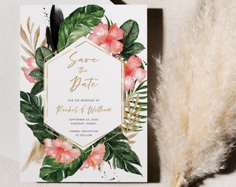 Pink Tropical Save the Date Card printed, save the date card, with envelopes, tropical save the date, destination save the date, pink, S109