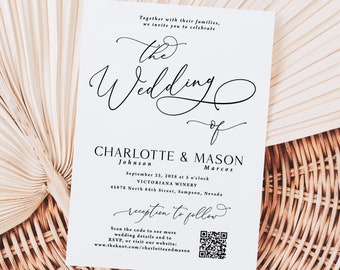 Wedding Invitation with QR code printed, qr code rsvp, black and white, digital rsvp, the wedding of, script font, W143