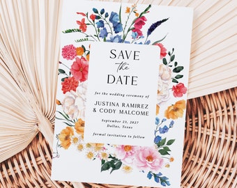 Wildflowers Save the Dates Printed, With Envelopes, spring wedding, summer save the date, floral wedding, bright floral, printed cards, S102