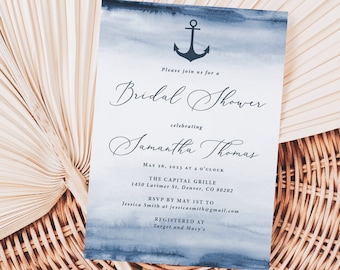 Nautical Bridal Shower Invitations Printed, With Envelopes, anchor bridal shower, navy bridal shower, beach bridal shower invite, B111