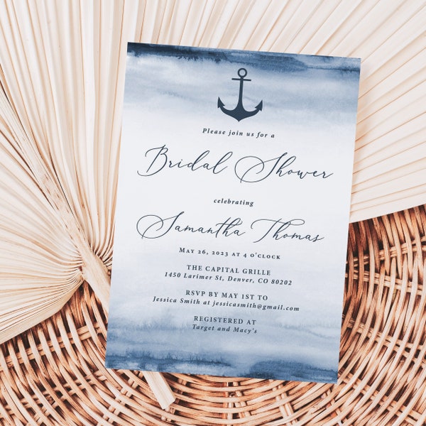 Nautical Bridal Shower Invitations Printed, With Envelopes, anchor bridal shower, navy bridal shower, beach bridal shower invite, B111