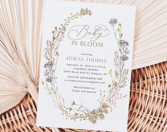 Baby in Bloom Baby Shower Invitations Printed, with Envelopes, baby shower invites, wildflower shower, girl shower invites, BB116
