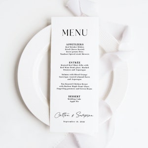 Printed Wedding Menu printed, dinner menu cards, reception menu, wedding reception, black and white wedding menu, M101 image 1