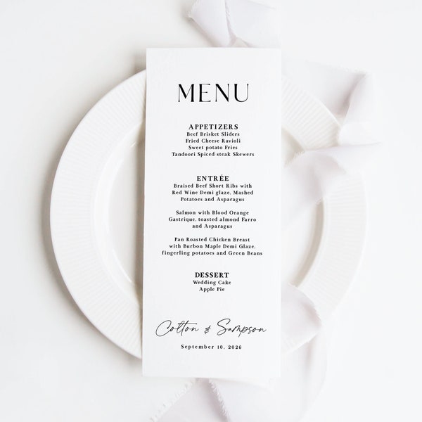 Printed Wedding Menu printed, dinner menu cards, reception menu, wedding reception, black and white wedding menu, M101