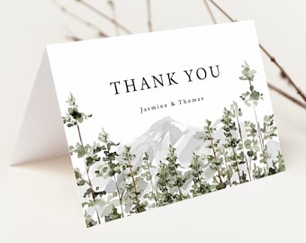 Mountain Wedding Thank You Cards Printed, personalized folded cards, pine trees, shower thank you, forest wedding, customized, T140