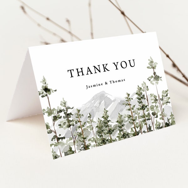Mountain Wedding Thank You Cards Printed, personalized folded cards, pine trees, shower thank you, forest wedding, customized, T140