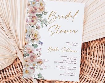 Floral Bridal Shower Invitation Printed, wildflowers shower invite, pastel flowers, wedding shower, watercolor floral, spring, pink, B160