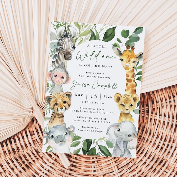 Safari Baby Shower Invitation Printed, jungle baby shower, baby boy, girl, gender neutral, safari animals, jungle animals, wild one, BB123