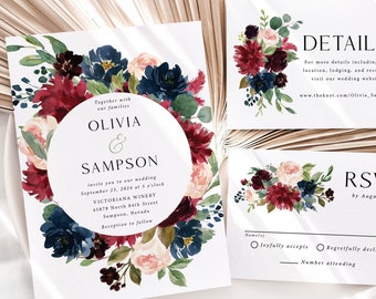 Fall Wedding Invitation Suite Printed, Burgundy and Navy Wedding Invitation, jewel toned wedding invitation, fall floral, W179