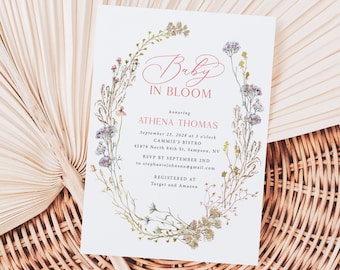 Girl Baby in Bloom Invitations Printed, with Envelopes, baby shower invites, pink wildflower shower, girl shower invites, BB118