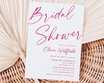 Bright Pink Bridal Shower Invitations Printed, With Envelopes, simple bridal shower invite, minimal bridal shower, pink bridal shower, B131