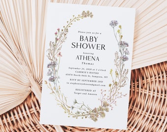 Wildflower Baby Shower Invitations Printed, with Envelopes, girl baby shower, girl shower invites, BB115