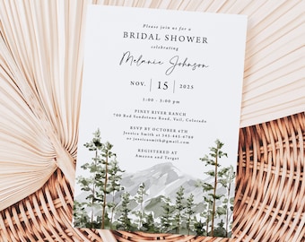 Mountain Bridal Shower Invitation Printed, with envelopes, printed invitations, mountain forest, wedding shower, destination shower, B159