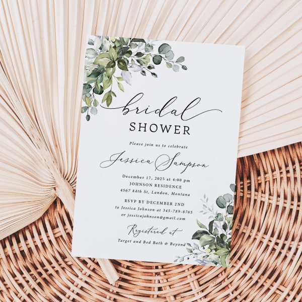 Eucalyptus Bridal Shower Invitation printed, invite with envelopes, includes envelopes, elegant bridal shower, B118
