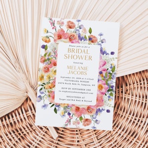 Wildflower Bridal Shower Invitations Printed, With Envelopes, spring bridal shower, floral bridal shower, pastel floral bridal shower, B119