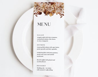 Printed Fall Wedding Menu, fall florals, dinner menu cards, reception menu, wedding reception, autumn wedding menu, M113