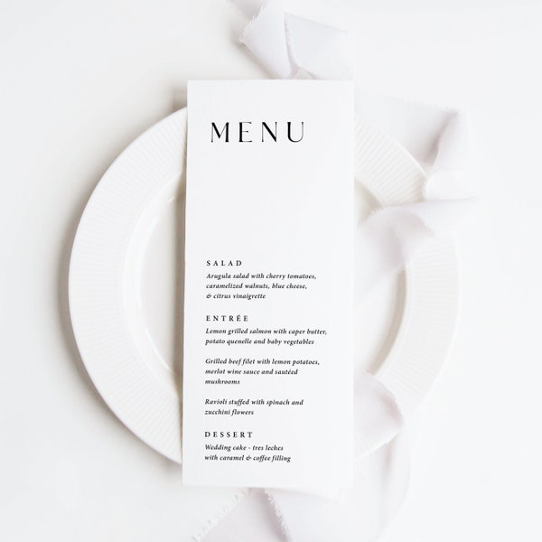 Simple Wedding Menu Printed, wedding reception, boho rustic wedding, black and white, rehearsal dinner, M111