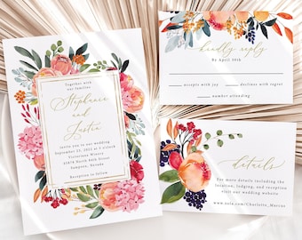 Summer Wedding Invitation Printed Set, floral wedding invite, spring wedding invite, bright floral wedding invite, printed invitations, W119