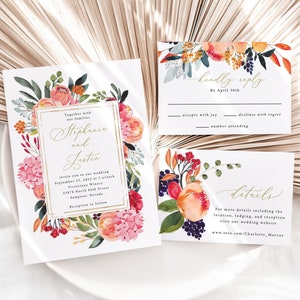 Summer Wedding Invitation Printed Set, floral wedding invite, spring wedding invite, bright floral wedding invite, printed invitations, W119