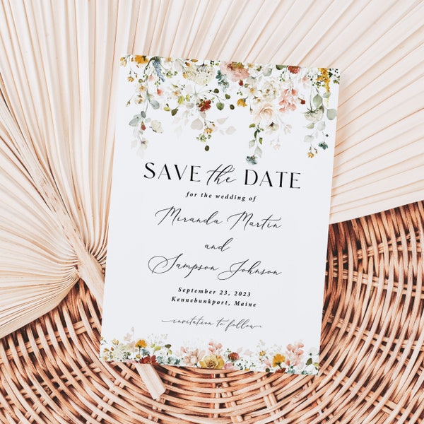 Wildflower Save the Date Card printed, with envelopes, watercolor florals, floral save the date, spring save the date, retro floral, S133