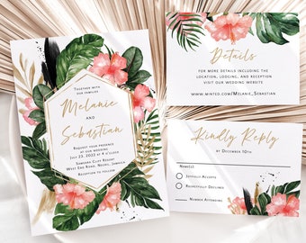 Hawaii Wedding Invitation Suite printed, Hawaiian wedding invitation, hibiscus wedding invitation, tropical floral, tropical wedding, W161