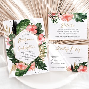 Hawaii Wedding Invitation Suite printed, Hawaiian wedding invitation, hibiscus wedding invitation, tropical floral, tropical wedding, W161