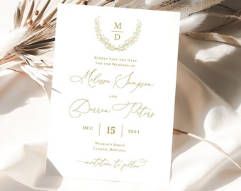 Gold Monogram Save the Date Card printed, with envelopes, gold save the date, gold wedding, elegant save the date, wedding monogram, S129