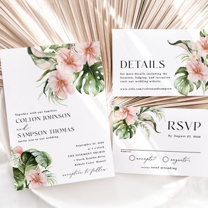 Tropical Pink Wedding Invitation Suite printed, destination wedding invitation, tropical wedding invite, beach wedding, W106