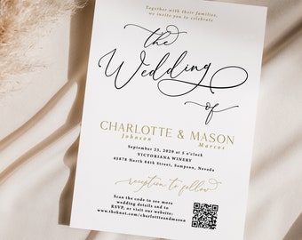Black and Gold Wedding Invitation with QR code printed, with envelopes, invitation only, romantic calligraphy, QR code, gold, W145