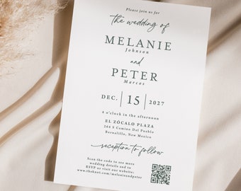 Green Wedding Invitation QR code rsvp printed, with envelopes, simple invitation, wedding website, W166