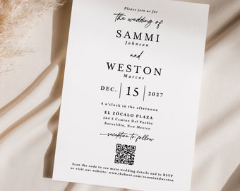 QR Wedding Invitation printed, with envelopes, simple wedding invitation, invitation only, minimal invite, black and white, QR code, W128