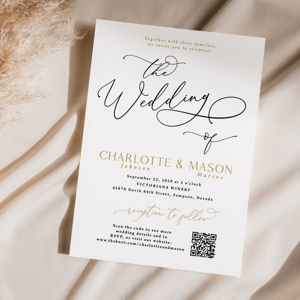 Black and Gold Wedding Invitation with QR code printed, with envelopes, invitation only, romantic calligraphy, QR code, gold, W145