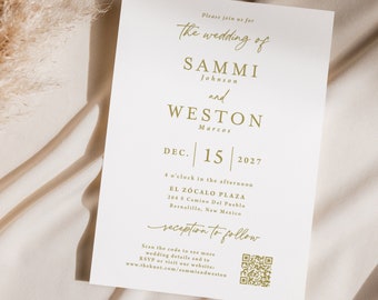 Gold Wedding Invitation QR code rsvp printed, with envelopes, simple invitation, wedding website, W157