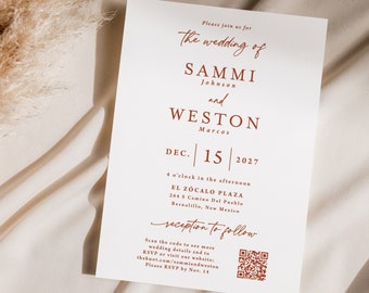 Terracotta QR Code Wedding Invitation printed, with envelopes, simple wedding, burnt orange, minimal invite, qr rsvp, W187