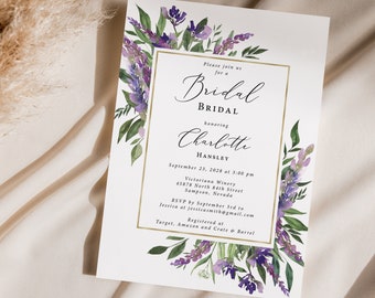 Purple Bridal Brunch Invitation Printed, includes envelopes, purple floral brunch, purple and gold, B145