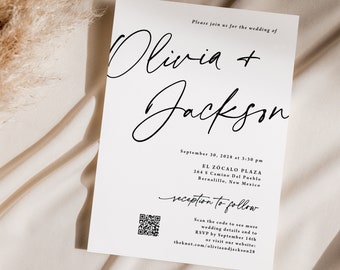 Wedding Invitation with QR code printed, qr code rsvp, black and white, wedding website, the wedding of, modern invite, script font, W105