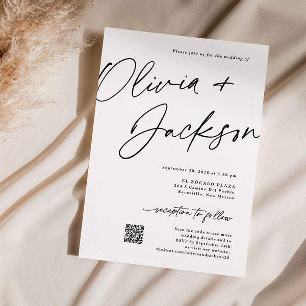 Wedding Invitation with QR code printed, qr code rsvp, black and white, wedding website, the wedding of, modern invite, script font, W105