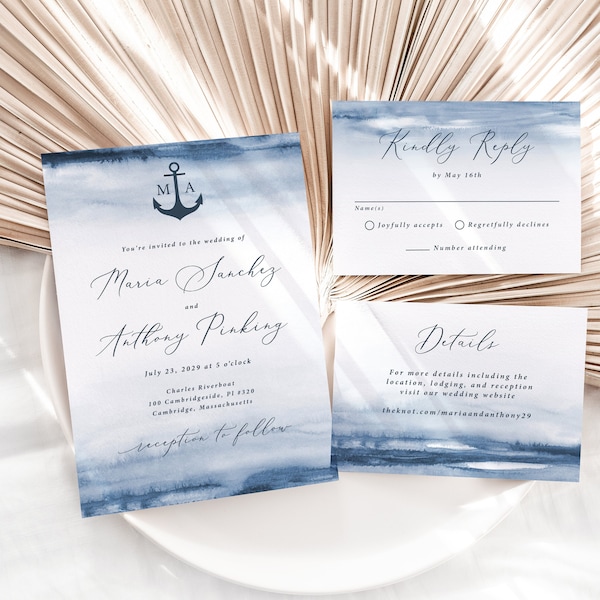 Nautical Wedding Invitation Printed, Anchor wedding invitation suite, nautical watercolor, navy wedding, beach wedding, invite set, W113