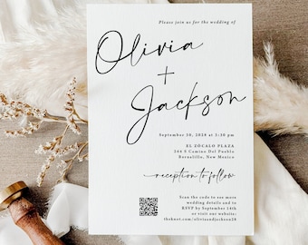 Wedding Invitation with QR code printed, with envelopes, script font, simple invitation, qr code rsvp, minimal invite, black and white, W194