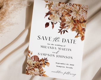 Fall Save the Date Card printed, with envelopes, printed save the date, boho wedding save the date, autumn wedding, neutral floral, S117