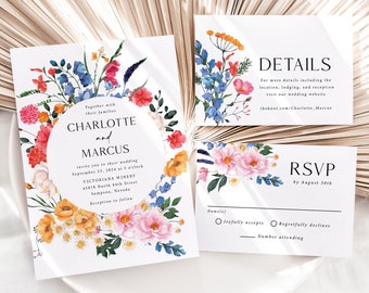 Wildflower Wedding Invitation Suite Printed, floral wedding invite, spring wedding invite, bright floral wedding invite, W165