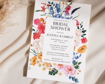 Wildflower Bridal Shower Invitations Printed, With Envelopes, spring bridal shower, summer bridal shower, bright floral bridal shower, B115