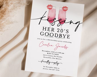Kissing Her 20s Goodbye Birthday Invitation printed, with envelopes, 30th birthday invitation for women, Pink Champagne invite, BD102
